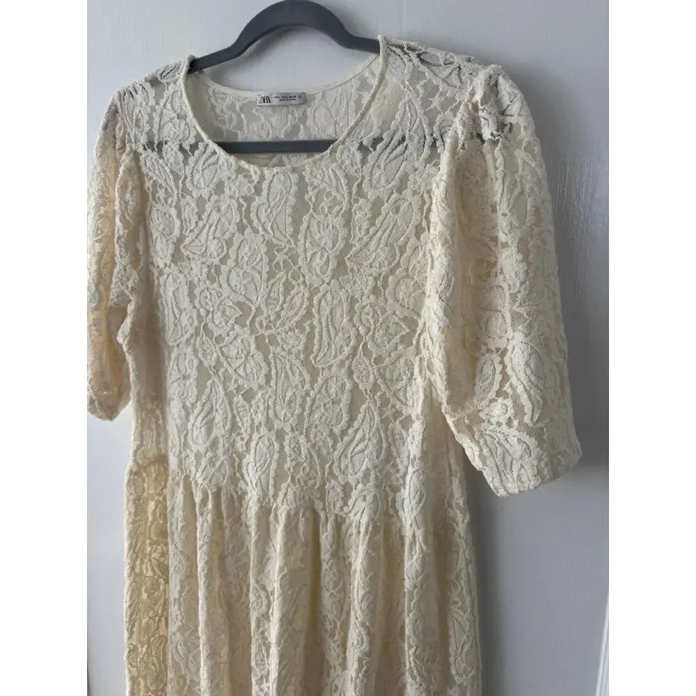 Zara Ivory Cream Allover Lace Dress Sz L Romantic Bridal Vintage Glamour Boho